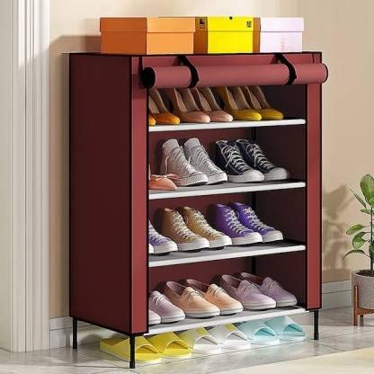 Image of Multipurpose Portable Folding Shoe Racks for Home Organizers with Water-Resistant Metal Collapsible Shoe Stand (4 Shelf, Maroon)