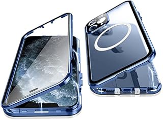 Jonwelsy Case for iPhone 11 Pro Max, 360 Degree Double-sided Protection Compatible with Magsafe Magnetic Adsorption Metal Bumper Front Tempered Glass Back Frosted PC Cover for 11 Pro Max 6.5" (Blue)
