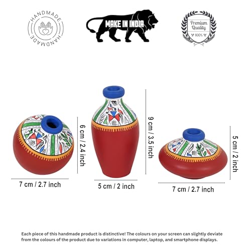 Image of Aakriti Art Creations Artisanal Harmony Vase Set of 3 | Hand-Painted Warli Art Terracotta Vases in Red | Matte Finish Decorative Vases for Living Room, Table Decor & Gifting