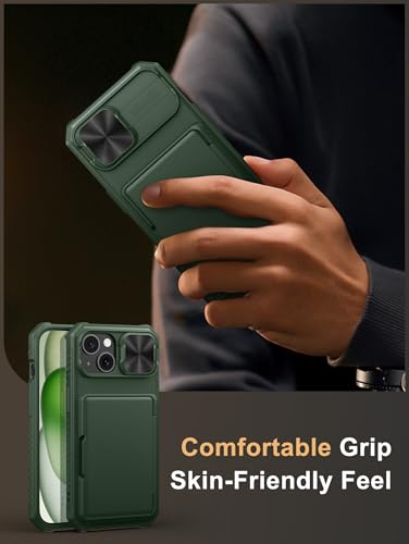 Image of Vihibii for iPhone 15, iPhone 14, iPhone 13 Back Cover with Card Holder (4 Cards) [RFID Blocking] & Slide Camera Cover, Military Grade Drop Protection, Rugged Hard Back & Silicone Case, 6.1 inch, Green