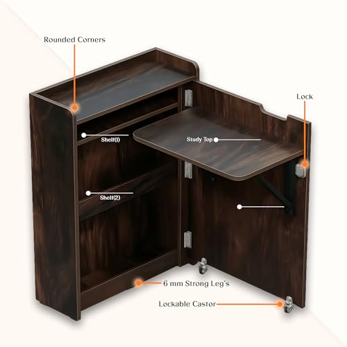 Image of Klaxon Foldable Study Table with Drawer & Storage Shelf | Compact Desk for Home & Students | Folding Design with Lockable Wheels. (Black, DIY Installation) (Asian Walnut, Heli)
