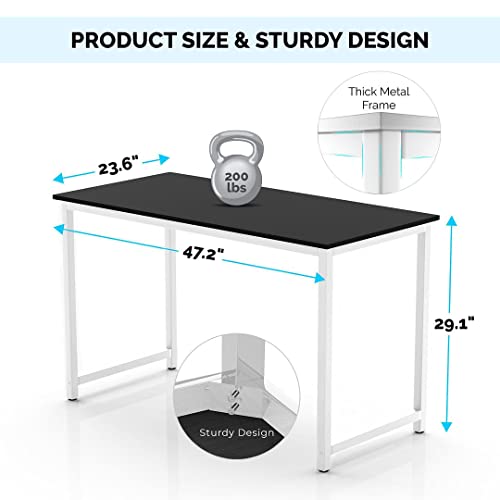 Halter Extra Long Computer Desk For Home Office, 47" Modern, Pc, Laptop Office Desk, For Gaming, Studying, Working Sturdy Writing Table And Crafting Table, Easy Assembly, Black Desk, White Frame #TOP3