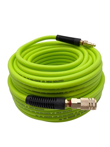 SYXQT Hybrid Air Hose 3/8 and 1/4-Inch 300 PSI Heavy Duty Lightweight Kink Resistant All-Weather Flexibility with 1/4-Inch Industrial Air Fittings and Bend Restrictors Green (Green 100FT)