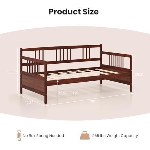 Giantex Twin Daybed Frame, Wooden Sofa Bed Guest Bed with Rails & Wood Slat Support, Dual-use Twin Size Platform Bed Frame for Living Room Bedroom, No Box Spring Needed, Cherry