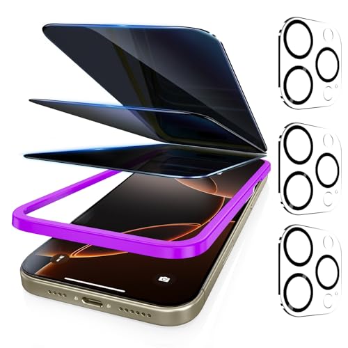 Fotbor [3+3 Pack Privacy Screen Protector for iPhone 16 Pro Max 26 Anti-Spy & Blue Light Filter Tempered Glass with 3 Camera Lens Protectors 3X Reinforced Easy Alignment
