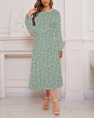 Image of CYiNu Women's Midi Dresses Long Sleeve Crew Neck Flowy Casual Floral Boho Tiered Chiffon Smocked Elegant Dress