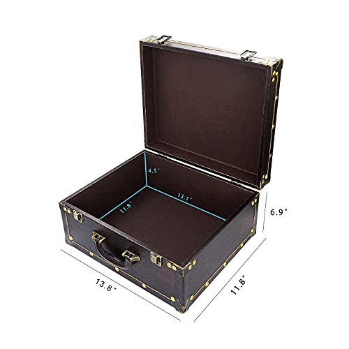 Dreamseden Large Wooden Decorative Storage Trunk - Wood Leather Treasure Chest Box Vintage Suitcase, 13.8" X 11.8" X 6.9" #TOP4