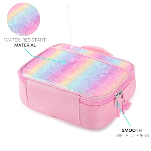 mibasies Kids Lunch Box for Girls Toddler, Insulated and Reusable Lunch Bag for School, Pink Blue Rainbow