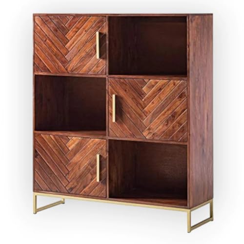 Image of Solid Wood Open Book Shelf with 3 Doors for Living Room, Bedroom, Studyroom, Hall & Home, Brown Colour, (115.062d x 39.878W x 142.24H cm)