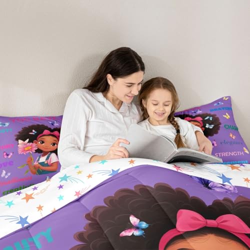Image of Erosebridal Black Girls Magical Comforter Set Butterflies Inspirational Quotes Full Bedding Set African American Comforter Afro Pretty Girls Duvet Insert for Nursery Kids Princess Cute Room Decor