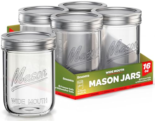 SEWANTA Wide Mouth Mason Jars 16 oz With mason jar lids and Bands, mason jars 16 oz - For Canning, Fermenting, Pickling - Jar Décor - Microwave/Freeze/Dishwasher Safe. (12)