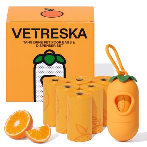 Image of VETRESKA Leak Proof Dog Poop Bags with Dispenser, Citrus Scented Waste Bags, Extra Thick and Large Pet Poop Bags for Walking Dog, Cats Litter and Babies' Diaper 1 Count Holder and 105 Bags, Orange