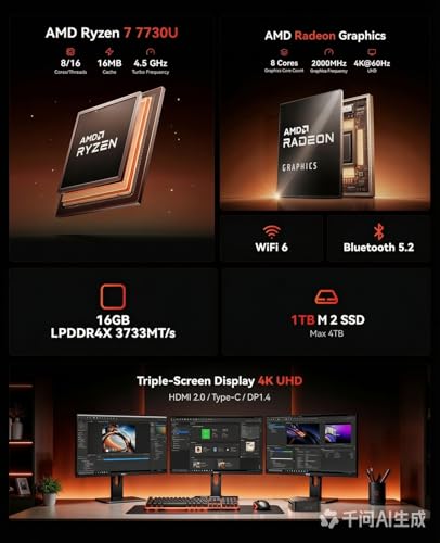 Image of KAMRUI E3B Mini Gaming PC, Mini PC AMD Ryzen 7 7730U (Beat Ryzen 7 5825U, Max 4.5GHz 8C /16T) Micro Desktop Computers 16GB RAM 1TB SSD, WiFi 6, BT5.2, Triple Display 4K@60Hz for Office Home