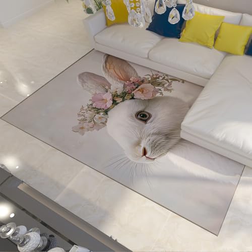 Tapis fin lavable motif bunny printemps blanc antidérapant 80x150 cm