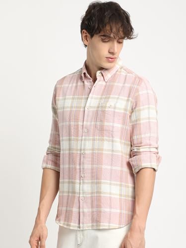 Image of THE BEAR HOUSE Men's Slim Fit Tartan Checked Button-Down Collar Oxford Weave Cotton Casual Shirt