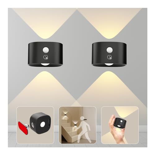 Image of Motion Sensor Wall Sconces of 2PCS, Cordless Auto Motion Activated LED Wall Lights 360Rotate& Rechargeable Battery Operated, 3 Brightness, Indoor Motion Detection Wall Lamps for Hallway Stairway