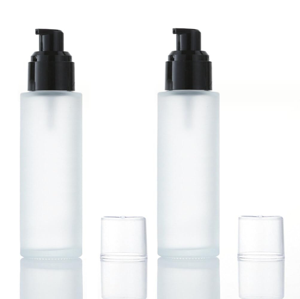 ASTRQLE 2 Pcs 100ml 3.5oz Frosted Glass Travel Bottles Leakproof Lotion Bottles Pump Dispenser Soap Dispenser Cosmetics Containers Bottle with Black Pump for Makeup Liquid Essential Oil Shampoo