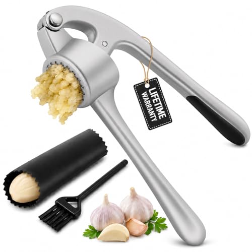CUNSENR Garlic Press with Silicone Peeler & Brush - Garlic Mincer Tool - Easy to Use & Clean - Garlic Crusher - Rustproof Garlic Smasher - Dishwasher Safe - Press Garlic with Ease (Matt Silver)