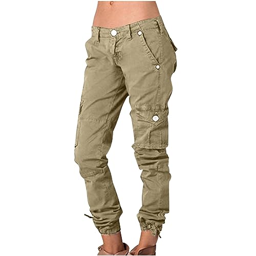 XUNRYAN Cargo Pants Womens Y2K Punk Hippie Clothes Low Waist Joggers Athletic Workout Outdoor Tactical Pants W Pockets Khaki