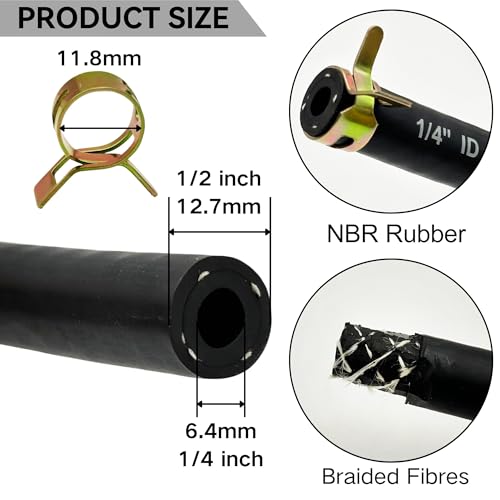 Image of 1 /4 inch ID Fuel Line Braided NBR Rubber Hose Tubing 8 Feet | For Automotives Generators Lawn Mowers Tractors and Small Engines with 10 Clamps SAE J30R7 Specification 6.4mm ID
