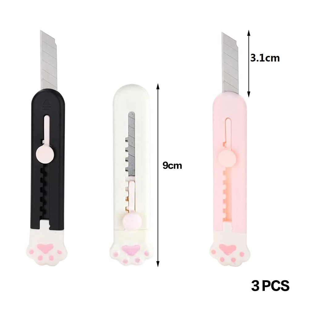 Mini Cutter Rétractable Patte de Chat, Couteau Utilitaire Ouvre-Lettre Coupe-Boîte pour Carton Papier, 3 Couleurs