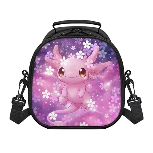 Cugasmaru Axolotl Lunch Bag for Girls Purple Floral Lunchbox for Girls School Lunchbox with Detachable Shoulder Strap Cute Lunch Box Kids Girl Lighweight Cooler Tote Bag for Picnic Work