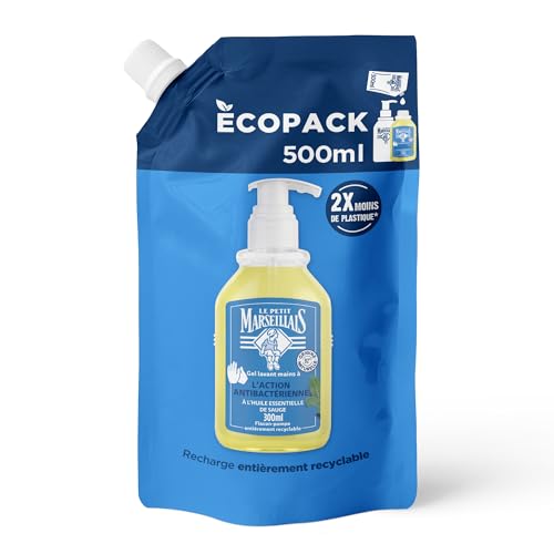 Le Petit Marseillais | Recharge Gel Lavant Mains Antibactérien (écopack de 500 ml) – Recharge savon liquide pour flacon-pompe – Savon mains à l’huile essentielle de sauge