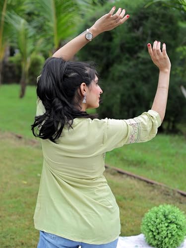 Image of Women's Viscose Rayon Embroidered A-Line Short Kurti Above Knee Regular Fit Tunic Top Office Wear Casual short kurti for women | office wear top | A-line kurti | raksha bandhan gift dress for women