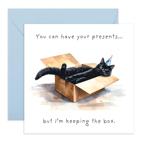 Funny Birthday Card Black Cat in a Box with Party Hat Gifts for Him Her Mum Dad Brother Sister Son Daughter Cat Lovers Cute Jokes Comes with Stickers