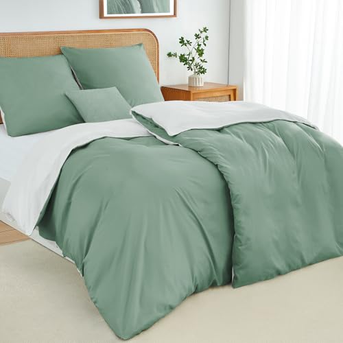 Duvetnova Bettwäsche 135x200 4teilig Salbeigrün/Weiß Bettwäsche Sets Microfaser ÖKO-TEX Wendebettwäsche 135 x 200 4tlg, weich & bügelfrei 2...
