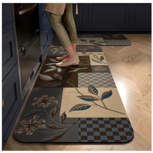 Image of Kitchen Anti Slip Mat for Floor, Waterproof Washable Kitchen Mats, Non Slip Kitchen Floor Mats for Home, Soft Mats for Kitchen, Kitchen Mats for Floor Anti Slip (Checks Leave)