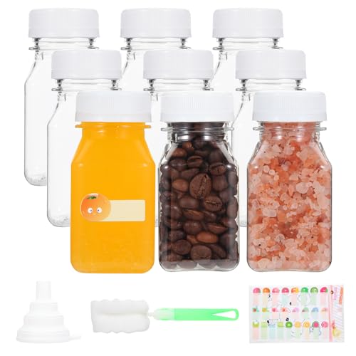 Fisynug 9Pcs 4oz/120ml Plastic Juice Bottles with Lids, Reusable Shot Bottles with Label, Funnel and Brush,for Storing Juices, Water,Milk