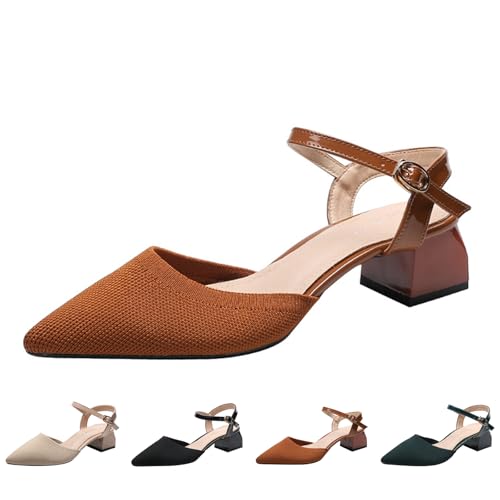 Women's Knit Closed Toe Slingback Chunky Heel Dress Pumps with Wave Ankle Strap Fashion Pointed Toe Buckle Block Heeled Sandals Summer Casual Work Office Wedding High Heels