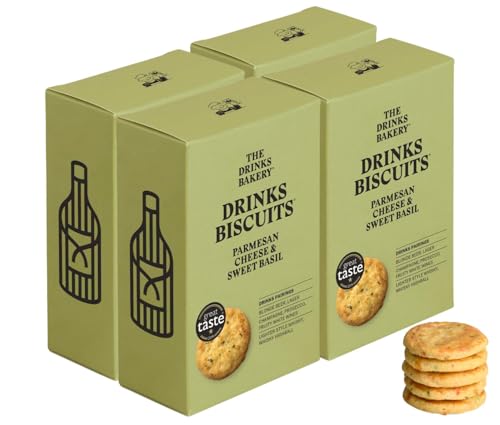 The Drinks Bakery Parmesan Cheese & Sweet Basil - Premium Biscuits Paired with Champagne, Prosecco, Whisky, & Fruity White Wines - Award Winning Drinks Biscuits on Dragons’ Den - 4 x 110g Pack