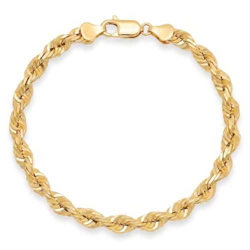 Italian 1/200 14K Yellow Gold Overlay Rope Bracelet Diamond Cut 4 to 5 mm 7 to 8 Inch for Men and Women Cuerda Pulsera Oro Made in Italy