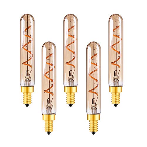 Century Light Bombilla tubular LED T20 / T6 - Bombilla de filamento espiral Edison LED de 2W - Equivalente de 15 vatios - Base de candelabro E14-2200K -No regulable - Paquete de 5