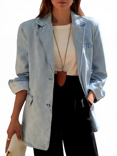 Mina Self 2025 Fall Women's Denim Blazer Jacket - Fashion Open Front Lightweight Casual Work Office Jean Top Pockets