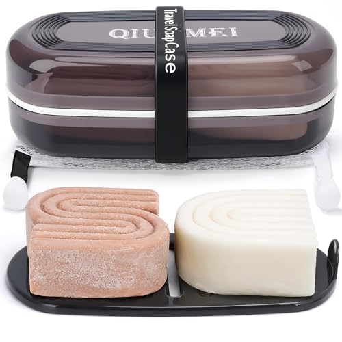 Shampoo Bar Holder Travel Case | Leakproof Soap Container with Lid & Drain Tray | Includes Silicone Strap and Soap Bag | Compatible with Kitsch Solid Shampoo and Conditioner Bars (Black Large)