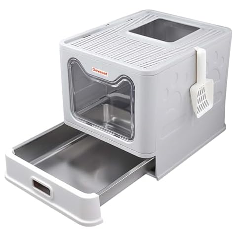 Devopet Cat Litter Box Stainless Steel Litter Box Enclosed Litter Box with Lid Top Entry Foldable Litter Box Covered Metal Kitty Litter Box Large Litter Box with Cover Cover