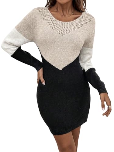SweatyRocks Strickkleid Damen Winter Pulloverkleid Elegant Langarm Kleid Herbstkleid Mit Farbblock Minikleid Herbst Mode Winterkleid Aprikosenfarben S