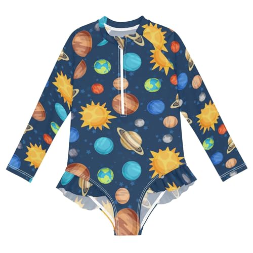JHKKU Girls Long Sleeve Cosmic Planets Solar System Swimsuit One Piece Zipper Rash Guard Bathing Suit with UPF 50+ Sun Protection Ruffle Swimwear 3T