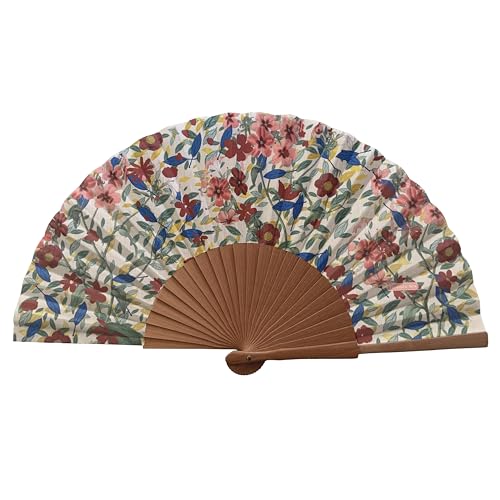 Abanico Español Catherine - Madera y Algodón - 23 cm - Estuche y Funda de Yute - Accesorio de Moda - Hecho a Mano en España - Eventos y Regalos - Colección Flowers - Tusitala Barcelona