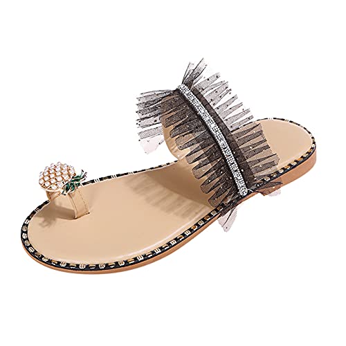 Sandalias para mujer de verano para niñas, estilo bohemio, sandalias de tacón plano, transpirables, informales, de playa, de viaje, de Lightwight, color Negro, talla 37.5 EU