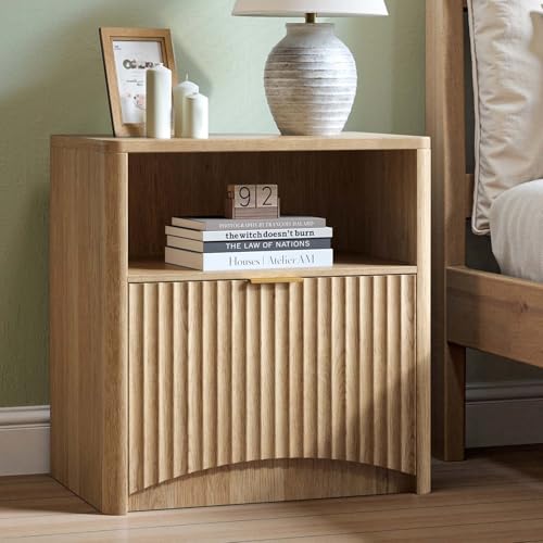 Image of Evermagin Fluted Nightstand, Natural Oak Bedside Table with Drawer and Storage, Wood End Table Mid Century Modern, Large Night Stand for Bedroom