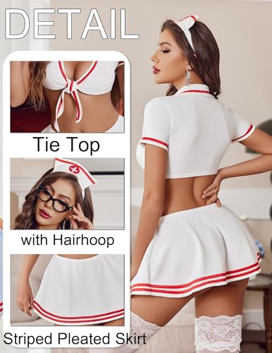 Image of SSoShHub Women Women Lingerie Lingerie Set Nurse Cosplay Lingerie Outfits with Tie Top and Mini Pleated Skirt Set Female Wedding Nightgown for Honeymoon and Anniversary