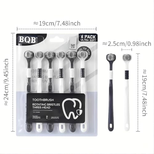 Image of (PACK OF-6) Toothbrush with Rotating Bristles Three-Head, Ultra Soft, 3 Sided Rotating Soft Bristles Toothbrush | 360-Degree Three-Sided Teeth and Tongue Cleaning, Gum Protection and Deep Cleaning