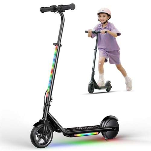 E Scooter Kinder 6-12 Jahre | 150W Motor, 5/10/16km/h, Kinder E-Roller mit 6.0' Reifen, Verstellbare Höhe 82-100 cm, Bunte Regenbogenlichter, LED Display, 35Min Fahrzeit bis zu 10km