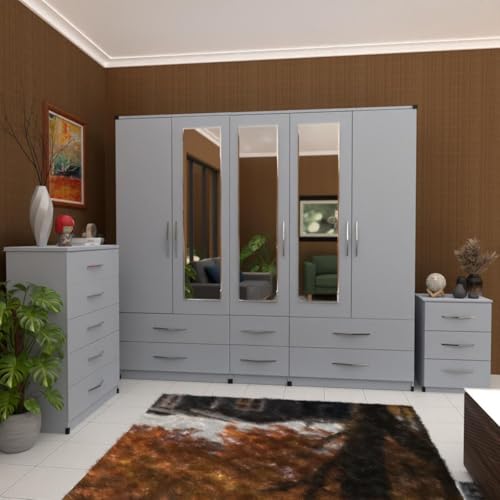 Assembled Bedroom Furniture Set with 5 Door Wardrobe, 192 cm, 5 Drawer Chest, 3 Drawer Bedside, Silver/Grey