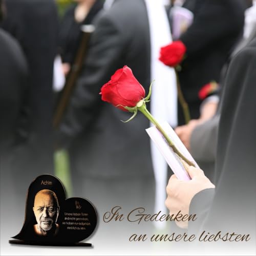 CHRISCK design Edles Gedenkstandbild Gedenktafel mit Gravur Fotogravur | Grabstein Herz-Form liegend in 2 Größen Grabschmuck graviert für Menschen Grabplatte | im Kerzenschein schön Leuchtend