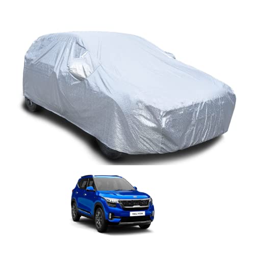 Image of Auto Hub Waterproof Car Cover Compatible with Kia Seltos (Model-2019-2025) with with Mirror Pocket, Soft Cotton Lining, Waterproof Seltos Car Cover- Metallic Silver